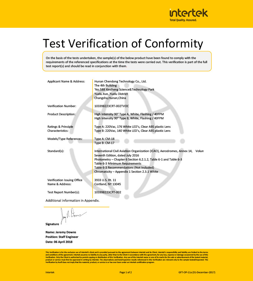 Celebrate CDT are approved ICAO certificate of high intensity obstruction light type A